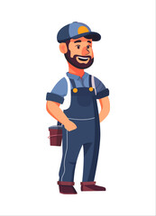 a cartoon man in overalls and a cap holding a paintbrush