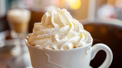 Macro shot of coffee with whipped cream cascading over the edges, super realistic