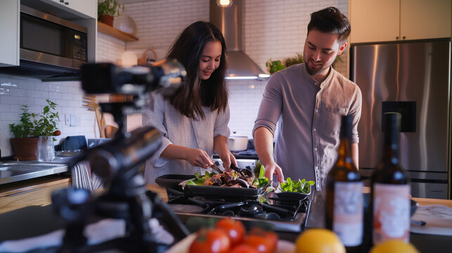 Influencer couple cooking together on camera.