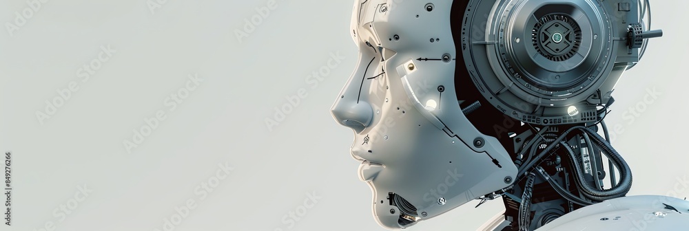 Poster 3d rendered image of an ai robot head with a visible digital graphic brain engine, isolated on a whi