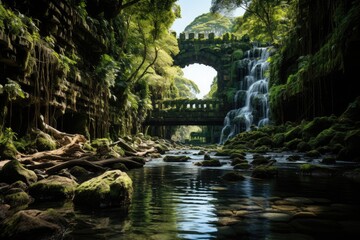 Magic Scenario in Cairns Ruins and Waterfalls at Paronella Park., generative IA