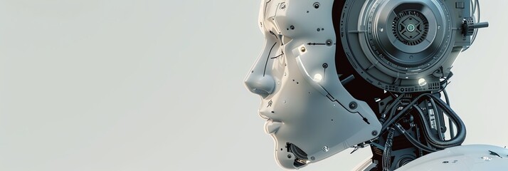 3D rendered image of an AI robot head with a visible digital graphic brain engine, isolated on a white background. Generative AI