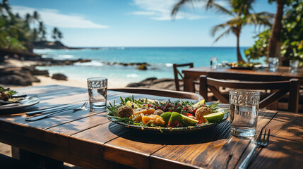 Obraz premium Restaurant table with food at a tropical resort beach paradise. Enjoy amazing nature, a stunning ocean lagoon, blue skies, and palm trees. Perfect for a luxury summer vacation and travel adventure.