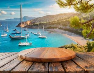 Obraz premium boat on the sea.empty wooden table overlooking a Mediterranean beach with boats in the bay. Emphasize the vibrant colors and lively atmosphere