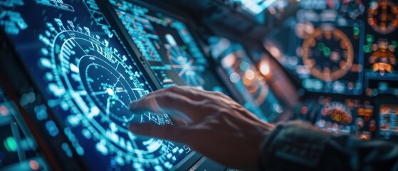 Close-up of a hand interacting with advanced digital screens and futuristic technology in a control room environment.