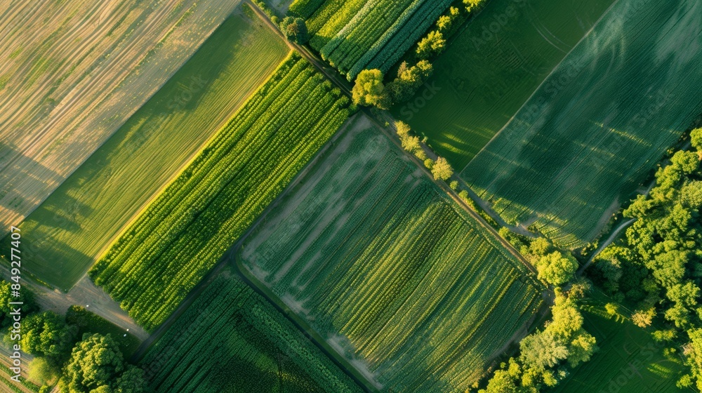 Poster aerial view of sustainable grain farm utilizing climate resilient farming practices and diverse crop