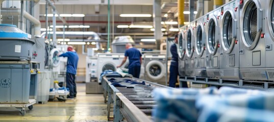 Industrial Laundry Facility with Large Washing Machines and Conveyor Belts for Efficient Textile Management
