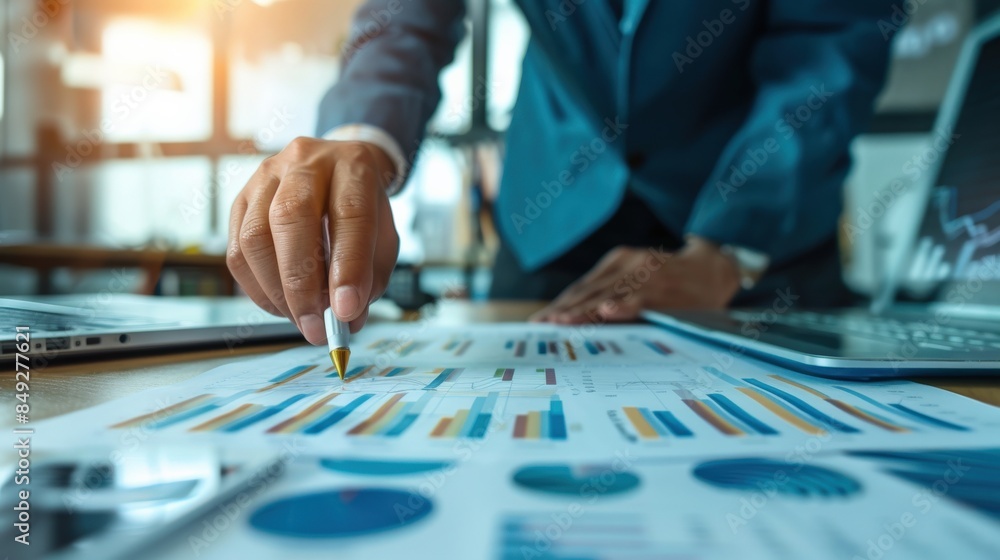 Poster a man is pointing at a graph on a table