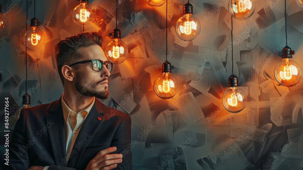 Poster a man in a suit is looking at a wall with a bunch of lights hanging from it. the lights are all diff
