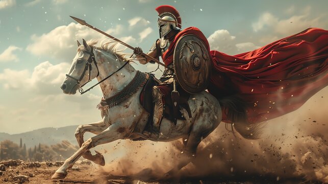 A white horse in a spartan outfit, spartan full armor crimson cape flying in the wind charging into battle spear in one hand shield in the other,  photography.