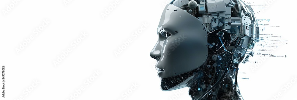 Poster a 3d rendering of a futuristic robot head with a digital brain engine visible inside, isolated on a 