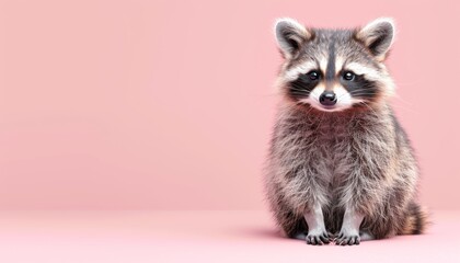 A cute Raccoon sitting on a solid pastel background with space above for text