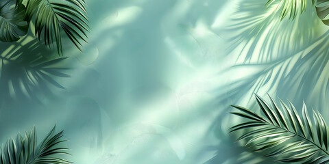 Elegant Summer Background with Palm Leaves and Shadows on Light Green Pastel Gradient, Perfect for Minimalistic Product Displays and Text Features
