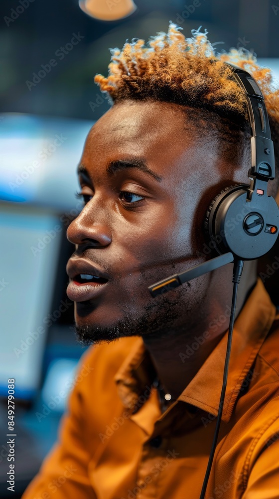 Poster a man wearing a headset is sitting in front of a computer