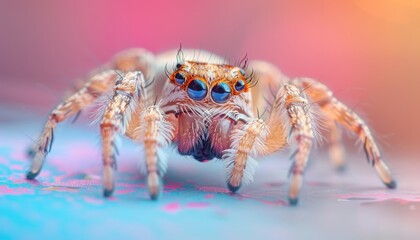 A cute Spider sitting on a solid pastel background with space above for text