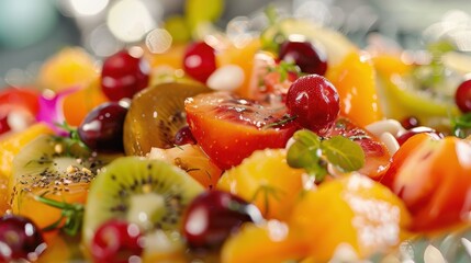 Close-up of a vibrant and colorful fruit salad with a mix of fresh berries, kiwis, and citrus, topped with herbs, capturing freshness and health.
