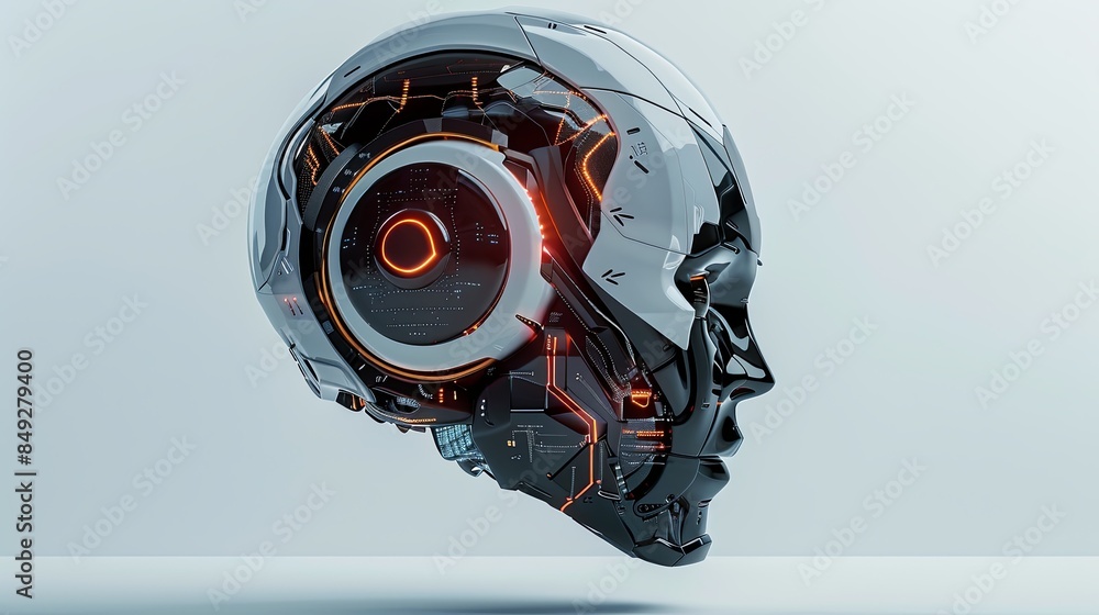 Poster a 3d rendering of an ai robot head with a digital brain engine inside, isolated on a white backgroun