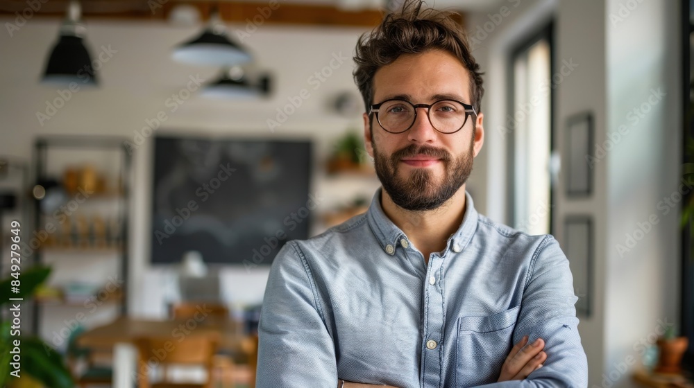 Poster a man with glasses and a beard is standing in front of a white wall with a blackboard. he is smiling