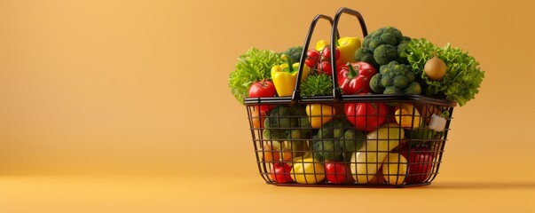 Healthy food items arranged in a shopping basket, captured in a 3D render on a beige background, representing a minimal concept for health and wellness themes.
