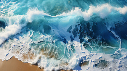 Summer seascape with beautiful waves and blue sea water on a sunny day. Top aerial view from a drone captures the amazing tropical nature background.
