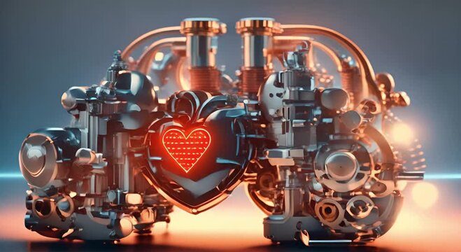 Futuristic anatomical heart machine with pressure gauge and exhaust pipe