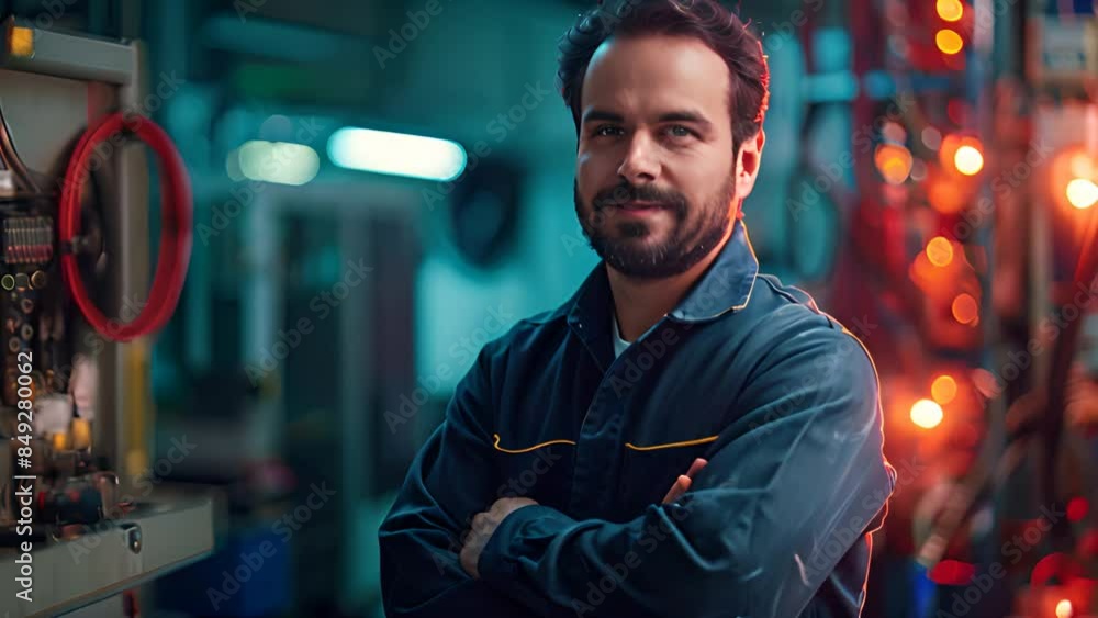 Aufkleber factory mechanical engineer with arms folded standing and smiling at work