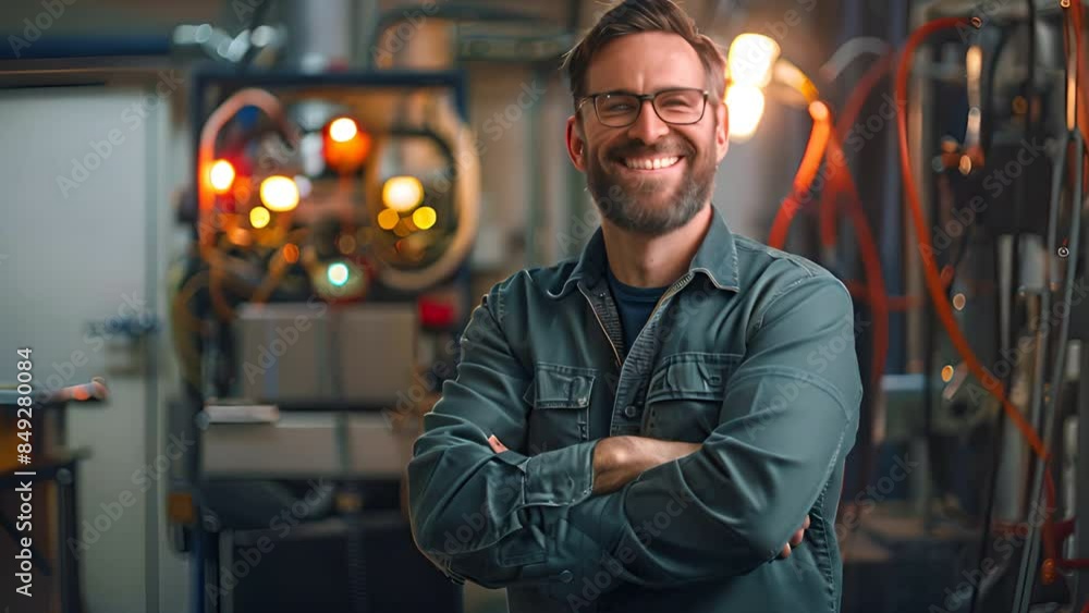 Aufkleber factory mechanical engineer with arms folded standing and smiling at work