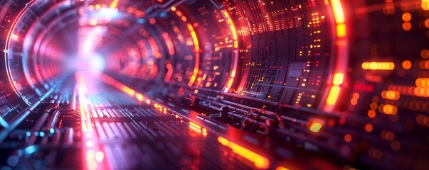 Obraz premium A high-tech tunnel with a holographic interface forms the centerpiece of this abstract futuristic background, filled with digital technology elements and glowing cyberpunk-style lights.