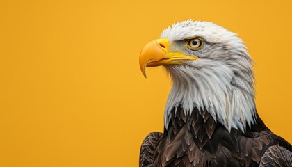 Fototapeta premium A cute Bald Eagle sitting on a solid pastel background with space above for text