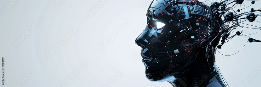 Poster a 3d rendering of a robot head with a digital brain engine inside, isolated on a white background wi