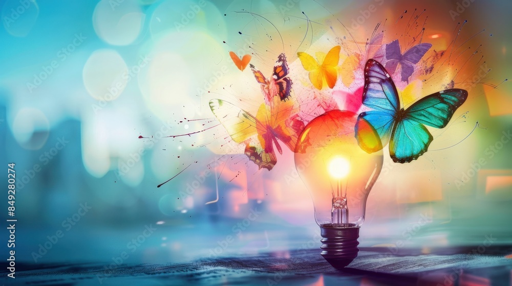 Poster a light bulb with a butterfly inside of it. the light bulb is surrounded by a colorful background wi