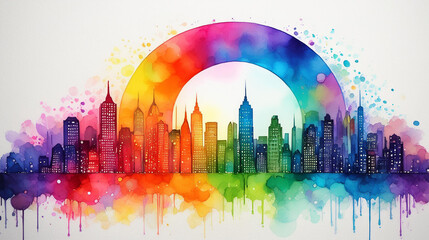 Fototapeta premium Rainbow Watercolor Painting, Large City Cityscape, background texture, graphic resource