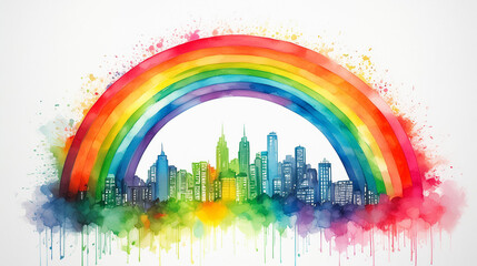 Fototapeta premium Rainbow Watercolor Painting, Large City Cityscape, background texture, graphic resource