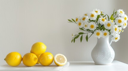 Lemons and Flowers on White Table.