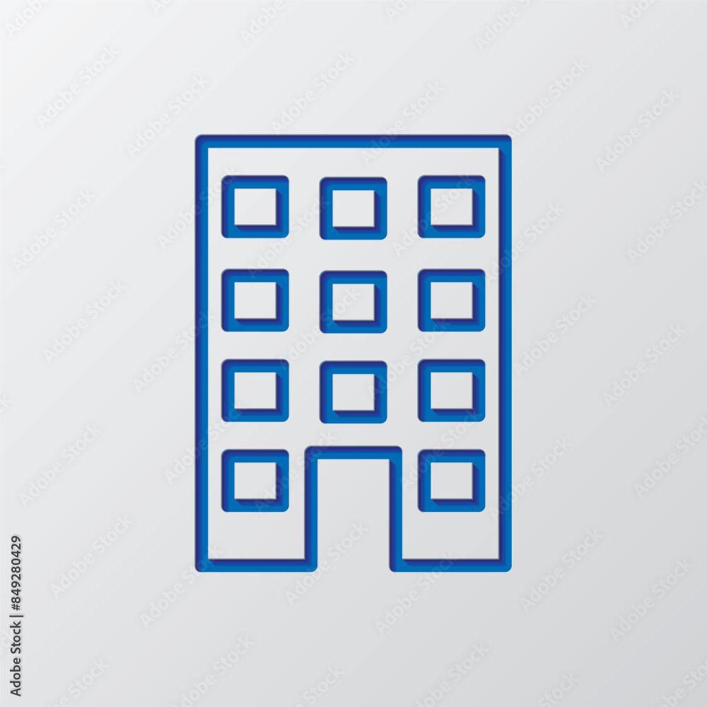Poster building simple icon vector. flat design. paper cut design. cutted blue symbol with shadow. gray bac