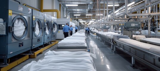 Industrial Laundry Facility with Workers Managing Large Machines Efficiently in a Clean Environment
