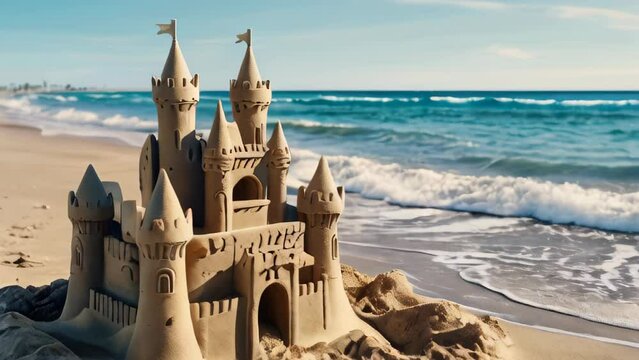 A meticulously crafted sandcastle sits on a sandy beach with the ocean waves gently rolling in the background. Travel and vacation concept. Slow motion