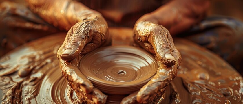 Close-up of hands shaping clay on a pottery wheel, showcasing the art of pottery making with wet clay and a spinning wheel in earthy tones.