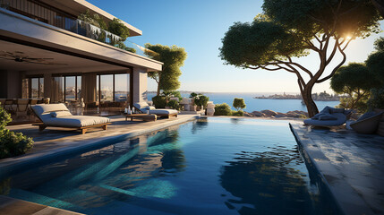 Fototapeta premium Swimming pool in luxury villa with sea view