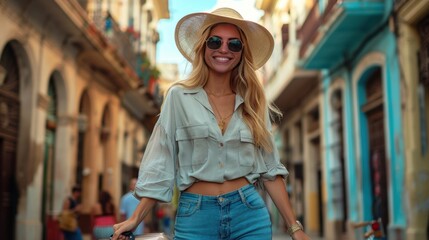 Obraz premium Stylish Woman Inviting to Adventure in Old Havana