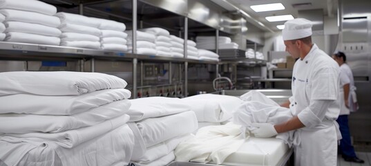 Professional Restaurant Laundry Service Facility with Organized Clean White Linens