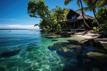 Paradise landscape in Viti Levu, Fiji, with resort shangri-la Fijian by the sea., generative IA