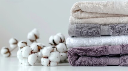 white, grey, and purple towels stacked with a cotton flower on a plain background, ideal for product display.