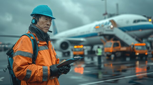 Airport Staff Directing Traffic on Tarmac with Radio and Clipboard

