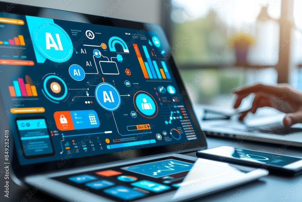 Poster high tech ai dashboard in modern office, advanced artificial intelligence interface, futuristic digi