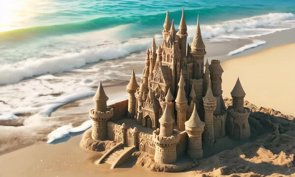 A meticulously crafted sandcastle sits on a sandy beach with the ocean waves gently rolling in the background. Travel and vacation concept. Slow motion