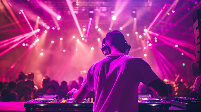 A DJ mixing tracks under purple stage lights at a club event with energetic crowd dancing around him.