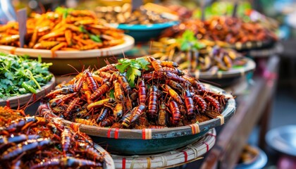 Fototapeta premium Colorful street market display of fried insects in bowls, showcasing exotic and unique cuisine options from around the world.