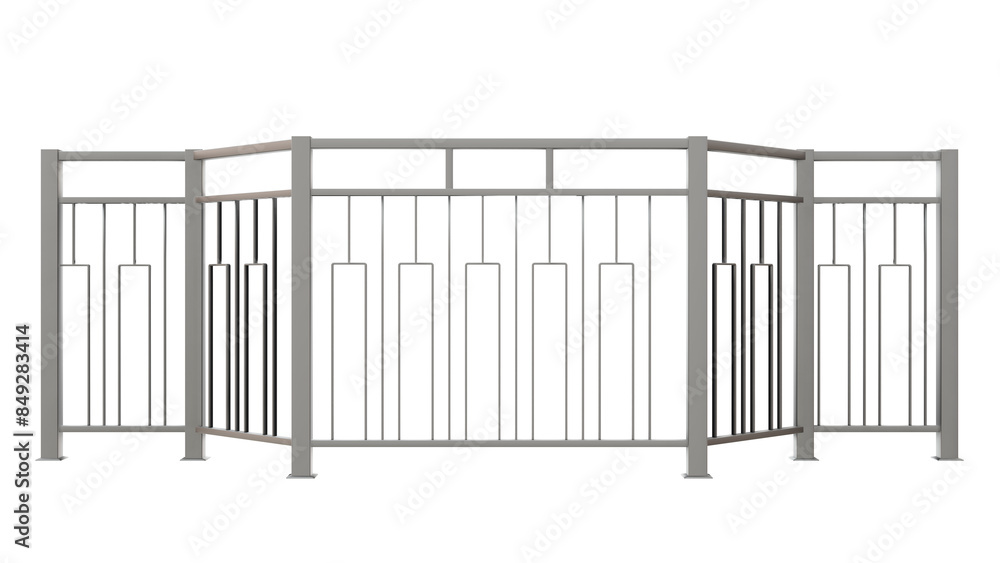 Poster 3D render showcases a captivating stainless steel balustrade with a playful and modern vertical rectangular pattern inspired by piano keys (transparent background).

pen_spark

