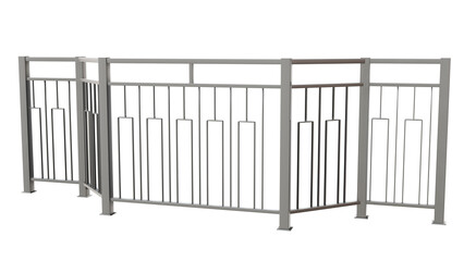 3D render showcases a stainless steel railing with harmonious lines, featuring a vertical rectangular pattern echoing piano keys, perfect for modern spaces (transparent background).